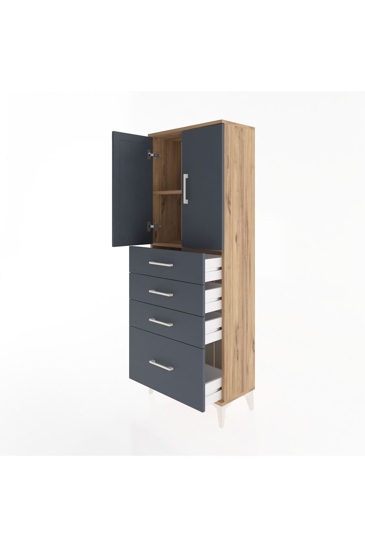 Arges Dolap 2 Raflı 4 Çekmeceli 2 Kapaklı 60x30x163 Çam-Antrasit