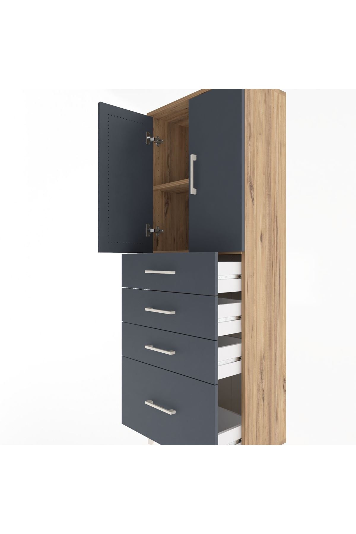 Arges Dolap 2 Raflı 4 Çekmeceli 2 Kapaklı 60x30x163 Çam-Antrasit