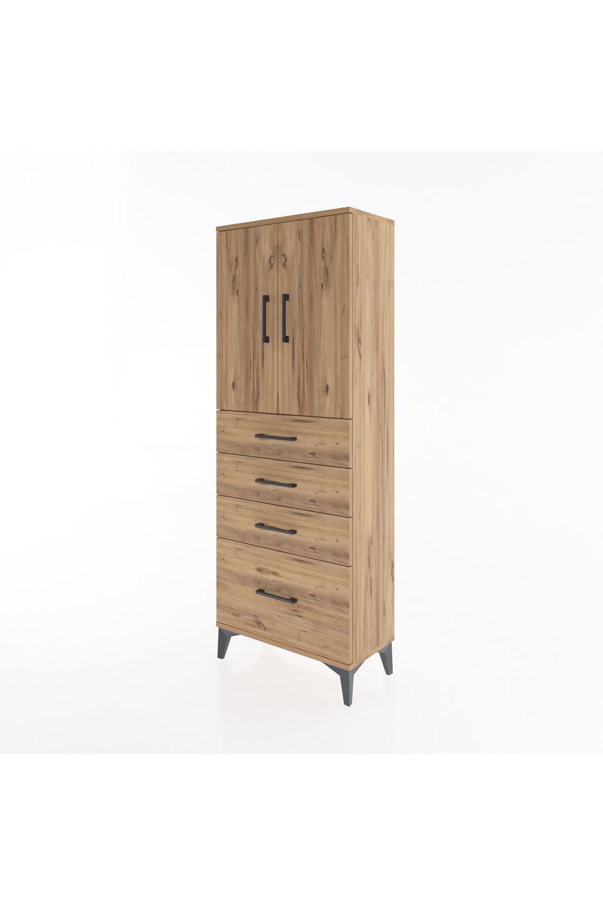 Arges Dolap 2 Raflı 4 Çekmeceli 2 Kapaklı 60x30x163 Çam-Çam