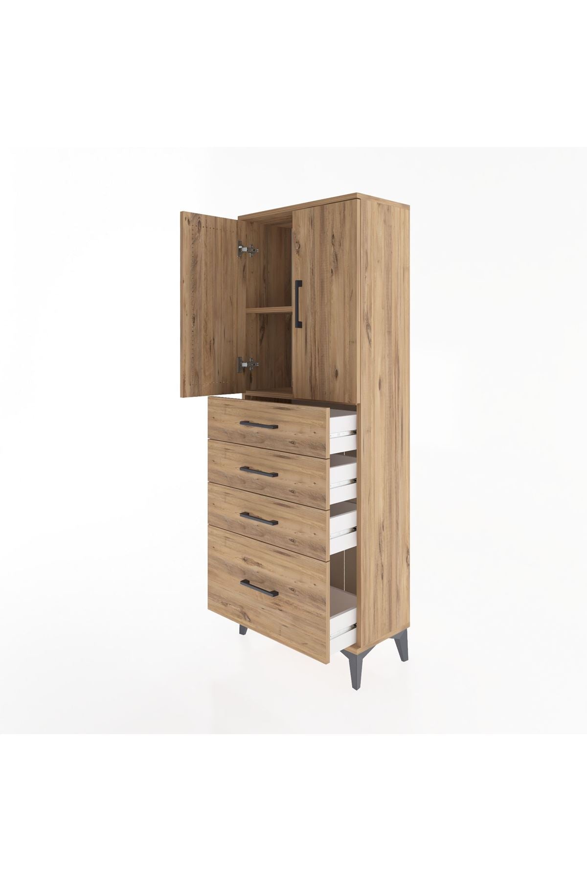 Arges Dolap 2 Raflı 4 Çekmeceli 2 Kapaklı 60x30x163 Çam-Çam