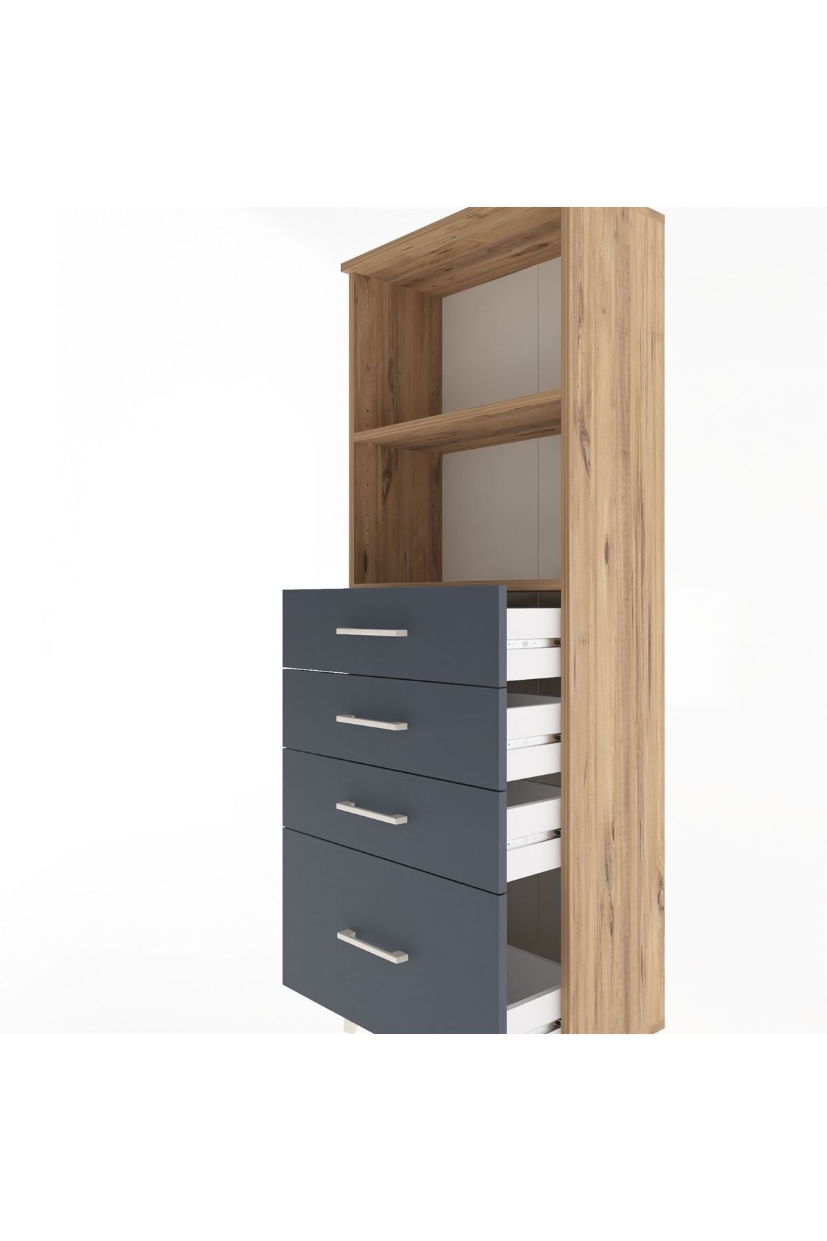 Arges Dolap 2 Raflı 4 Çekmeceli 60x30x163 Çam-Antrasit