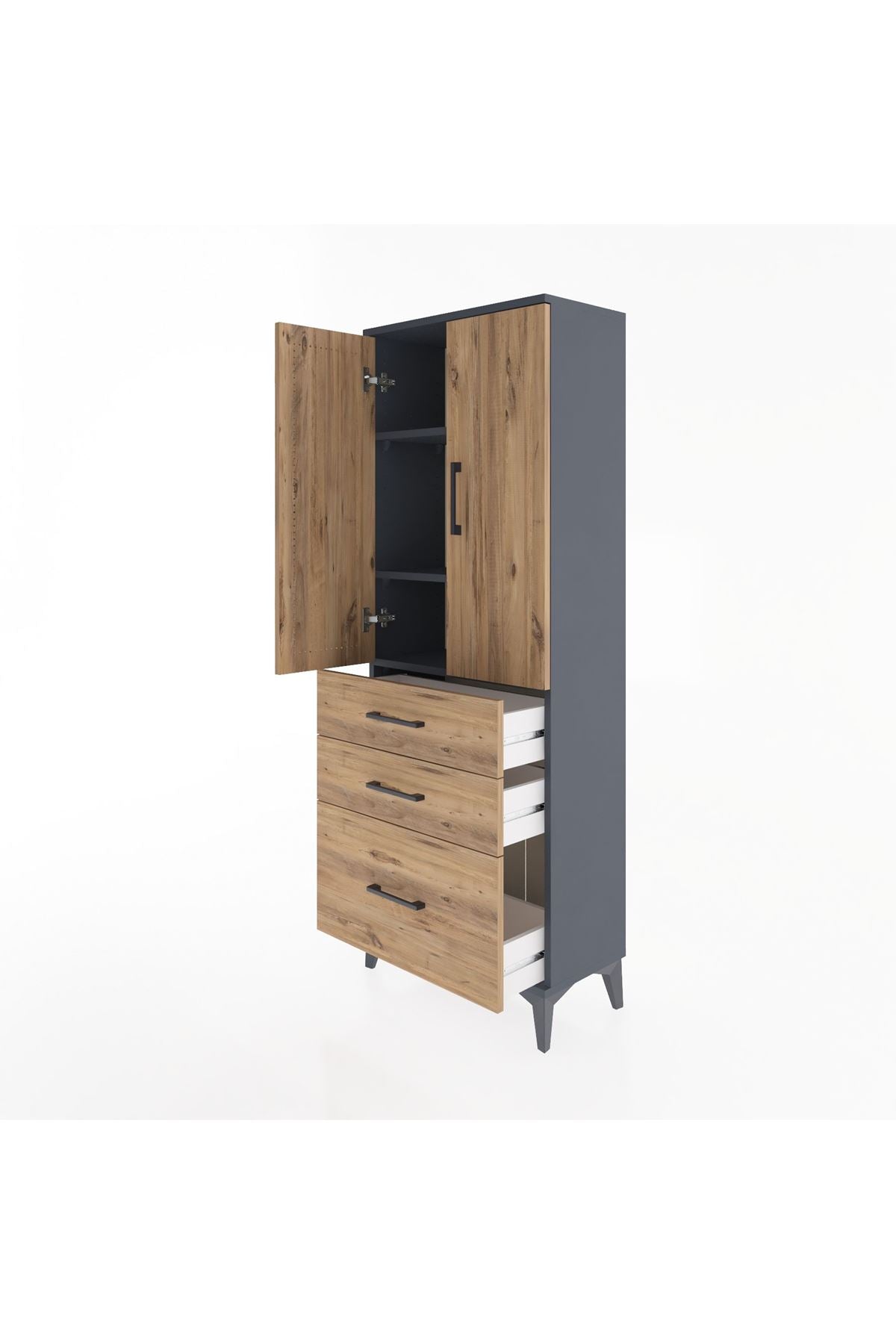 Arges Dolap 3 Raflı 3 Çekmeceli 2 Kapaklı 60x30x163 Antrasit-Çam