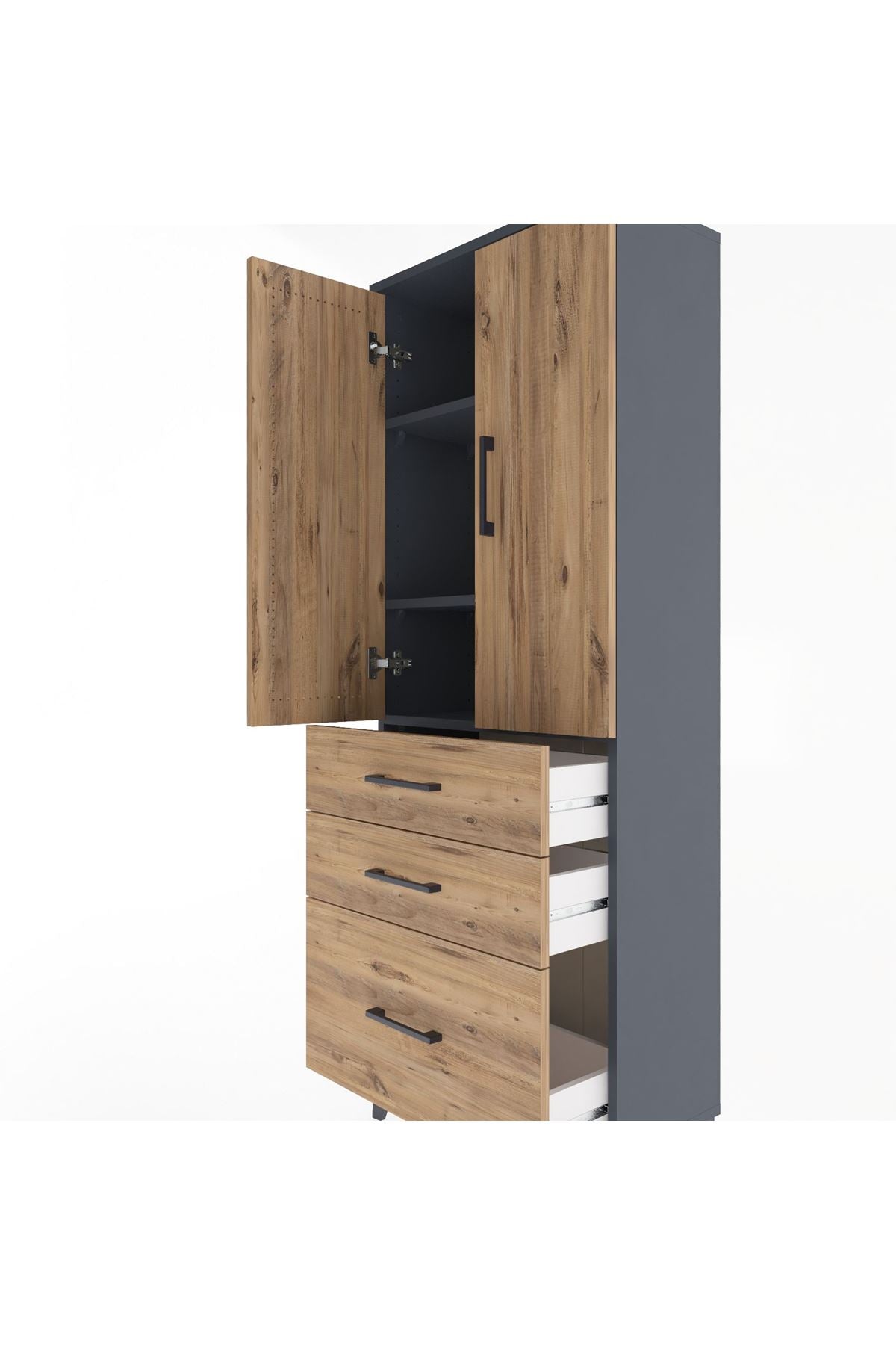 Arges Dolap 3 Raflı 3 Çekmeceli 2 Kapaklı 60x30x163 Antrasit-Çam