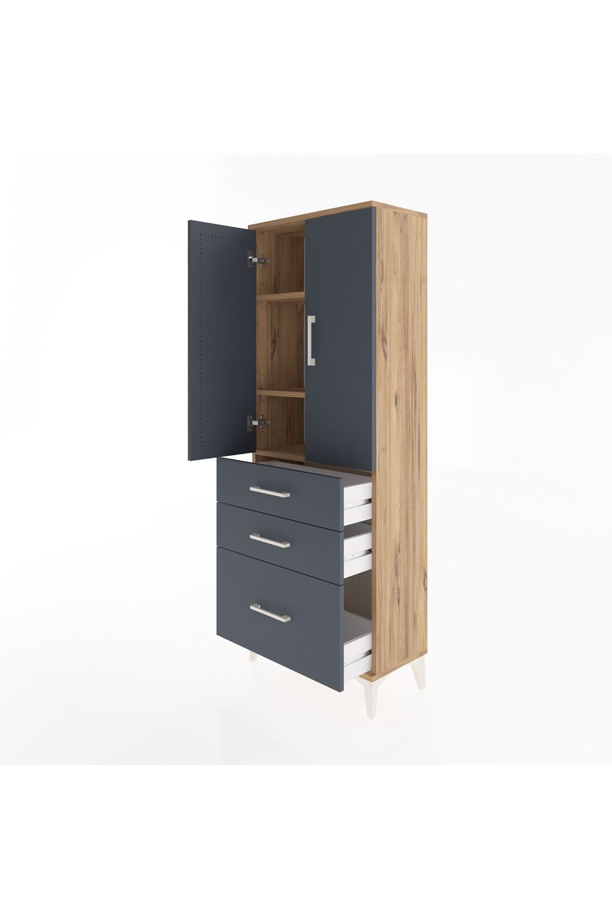 Arges Dolap 3 Raflı 3 Çekmeceli 2 Kapaklı 60x30x163 Çam-Antrasit