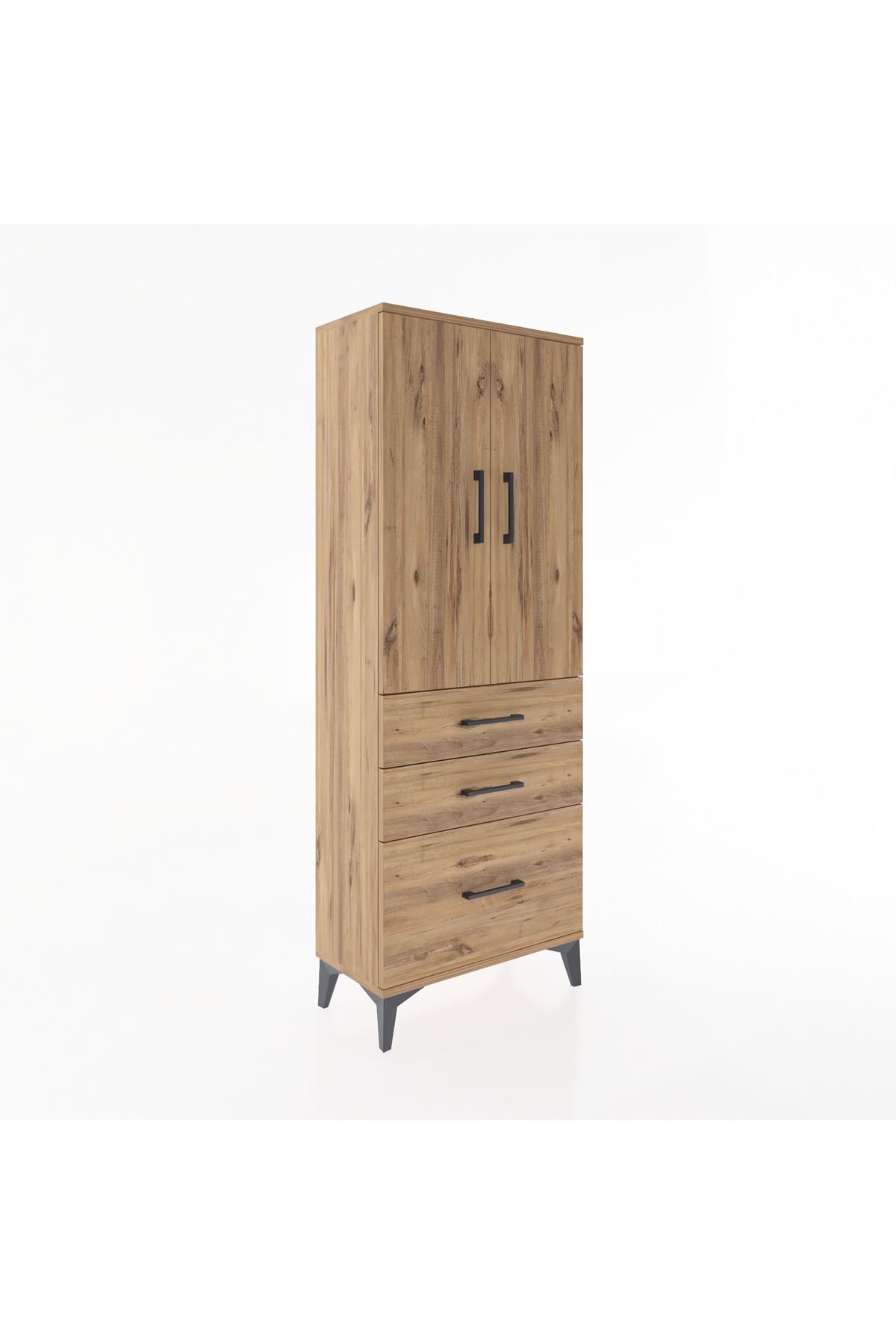 Arges Dolap 3 Raflı 3 Çekmeceli 2 Kapaklı 60x30x163 Çam-Çam