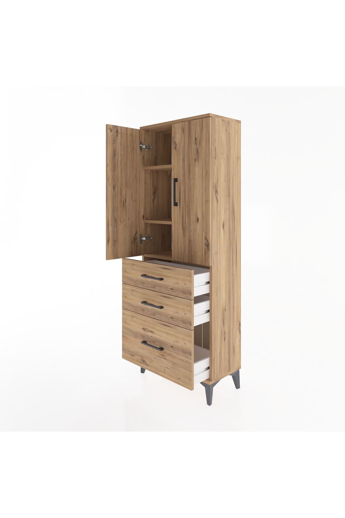 Arges Dolap 3 Raflı 3 Çekmeceli 2 Kapaklı 60x30x163 Çam-Çam