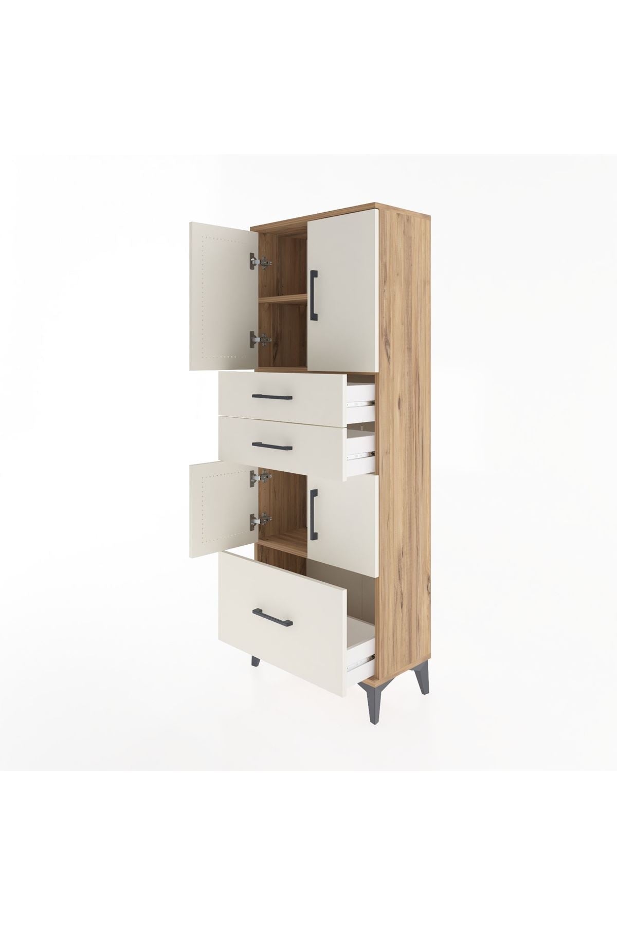 Arges Dolap 3 Raflı 3 Çekmeceli 4 Kapaklı 60x30x163 Çam-Aytaşı