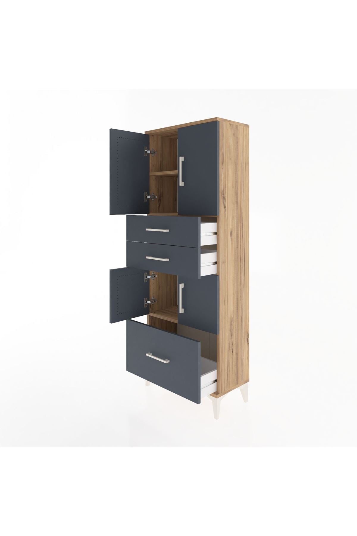 Arges Dolap 3 Raflı 3 Çekmeceli 4 Kapaklı 60x30x163 Çam-Antrasit