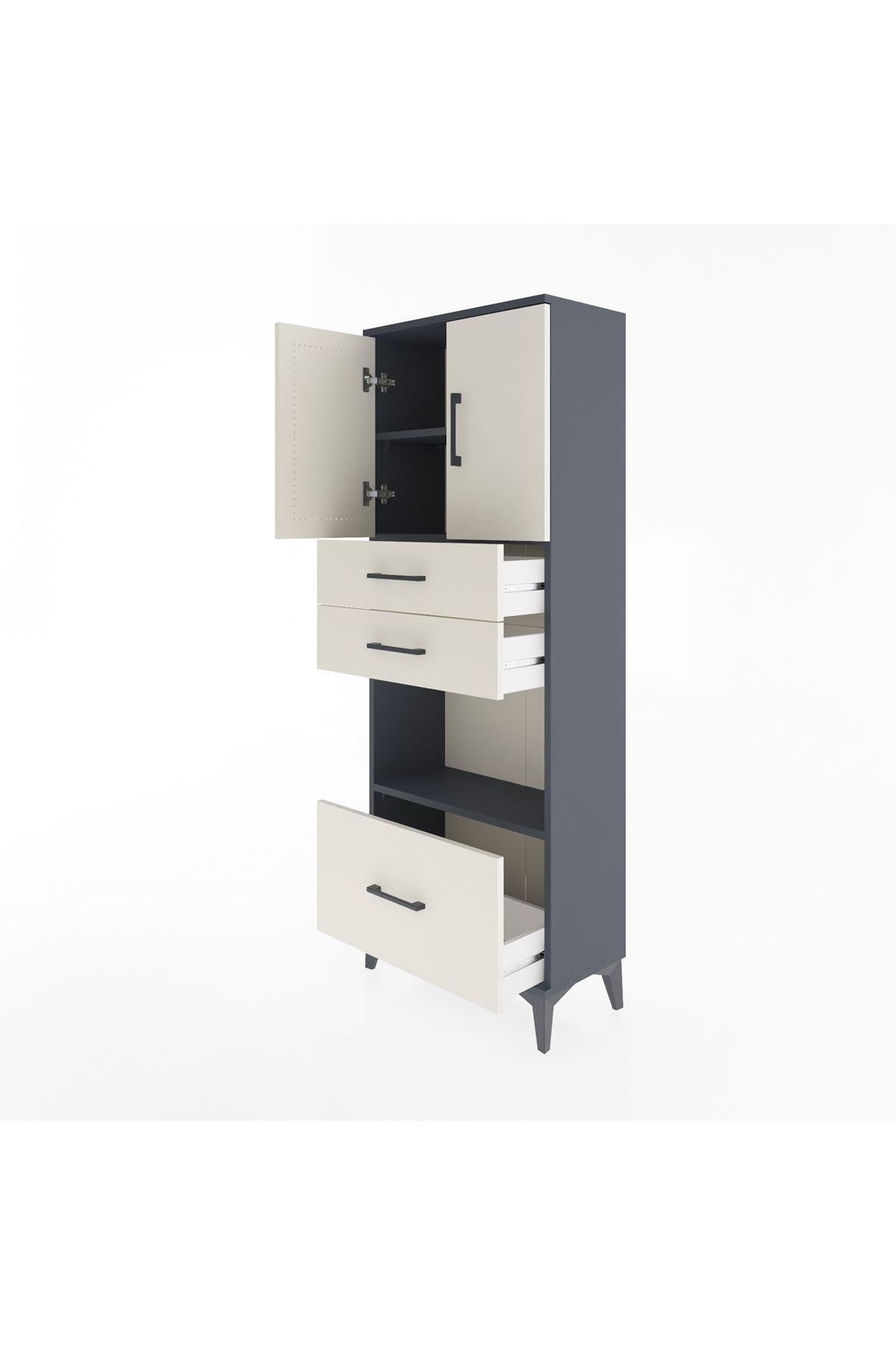 Arges Dolap 3 Raflı 3 Çekmeceli 2 Kapaklı 60x30x163 Antrasit-Aytaşı