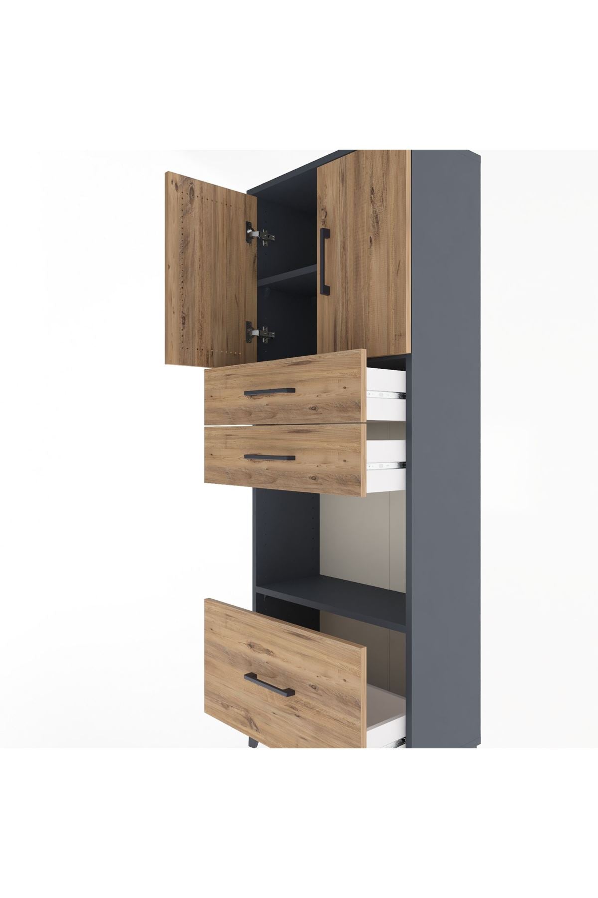 Arges Dolap 3 Raflı 3 Çekmeceli 2 Kapaklı 60x30x163 Antrasit-Çam