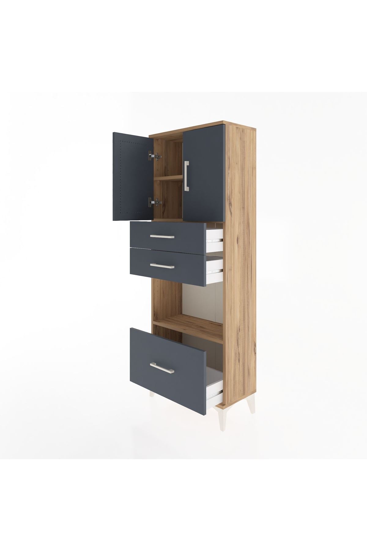 Arges Dolap 3 Raflı 3 Çekmeceli 2 Kapaklı 60x30x163 Çam-Antrasit