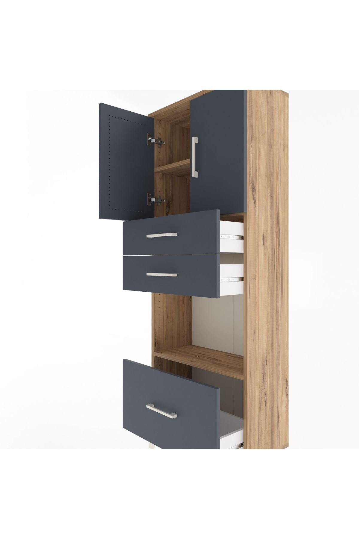 Arges Dolap 3 Raflı 3 Çekmeceli 2 Kapaklı 60x30x163 Çam-Antrasit