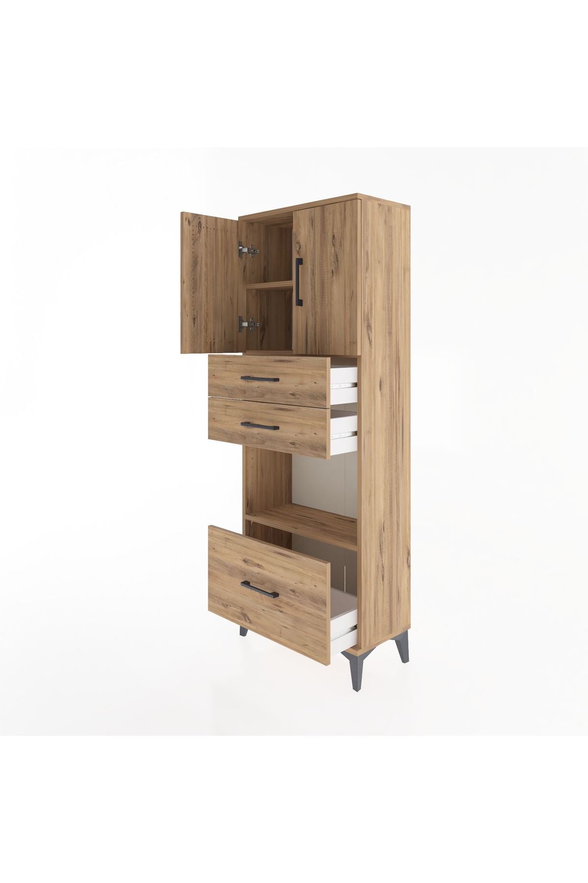 Arges Dolap 3 Raflı 3 Çekmeceli 2 Kapaklı 60x30x163 Çam-Çam