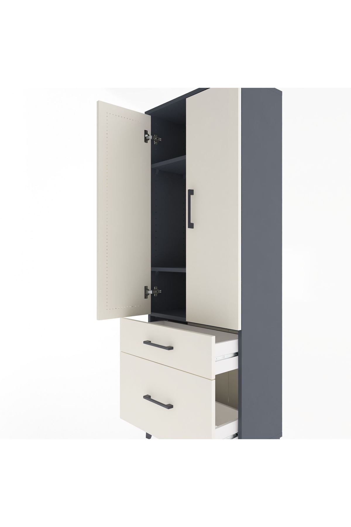 Arges Dolap 3 Raflı 2 Çekmeceli 2 Kapaklı 60x30x163 Antrasit-Aytaşı