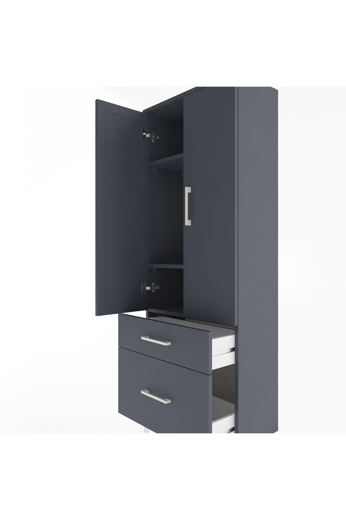 Arges Dolap 3 Raflı 2 Çekmeceli 2 Kapaklı 60x30x163 Antrasit-Antrasit