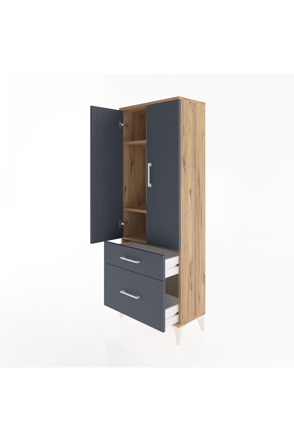 Arges Dolap 3 Raflı 2 Çekmeceli 2 Kapaklı 60x30x163 Çam-Antrasit