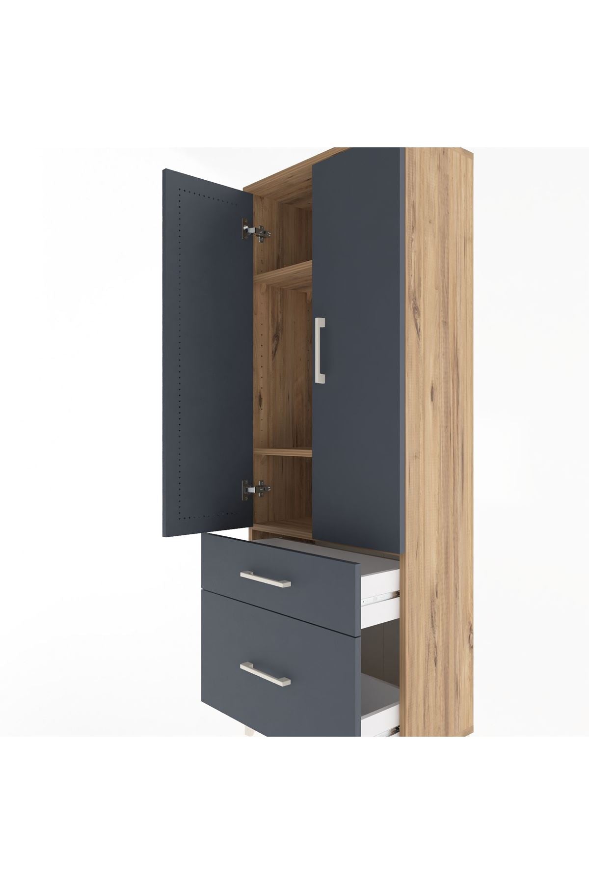 Arges Dolap 3 Raflı 2 Çekmeceli 2 Kapaklı 60x30x163 Çam-Antrasit