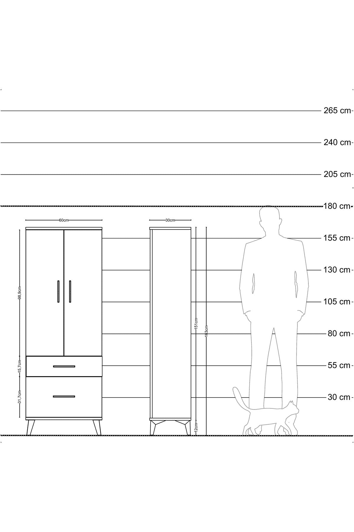 Arges Dolap 3 Raflı 2 Çekmeceli 2 Kapaklı 60x30x163 Çam-Çam