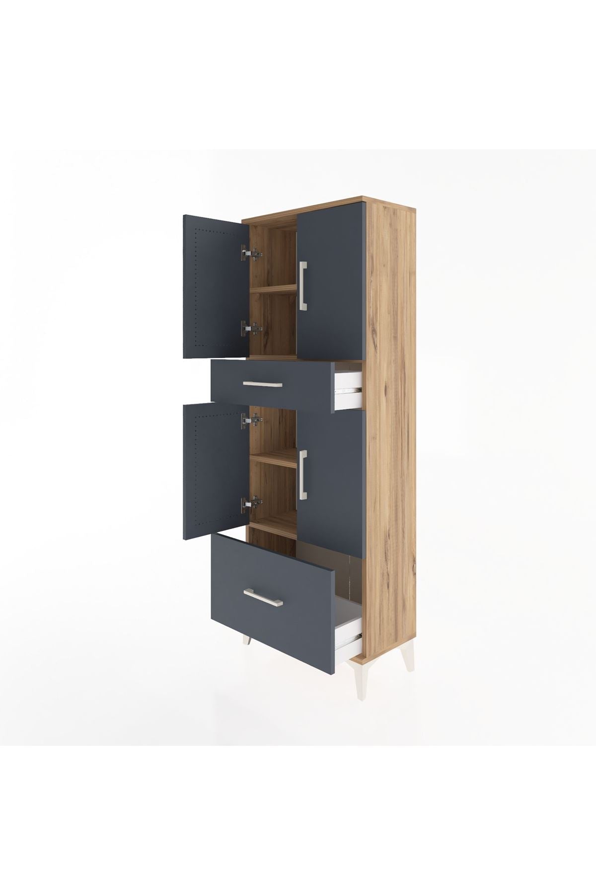 Arges Dolap 4 Raflı 2 Çekmeceli 4 Kapaklı 60x30x163 Çam-Antrasit