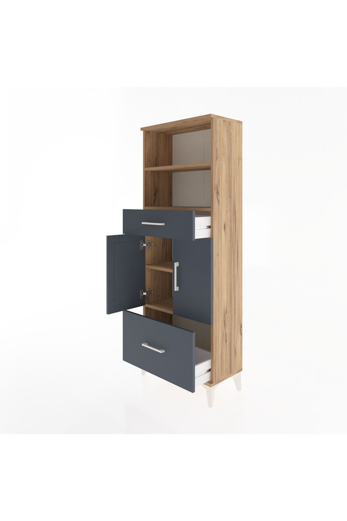 Arges Dolap 4 Raflı 2 Çekmeceli 2 Kapaklı 60x30x163 Çam-Antrasit