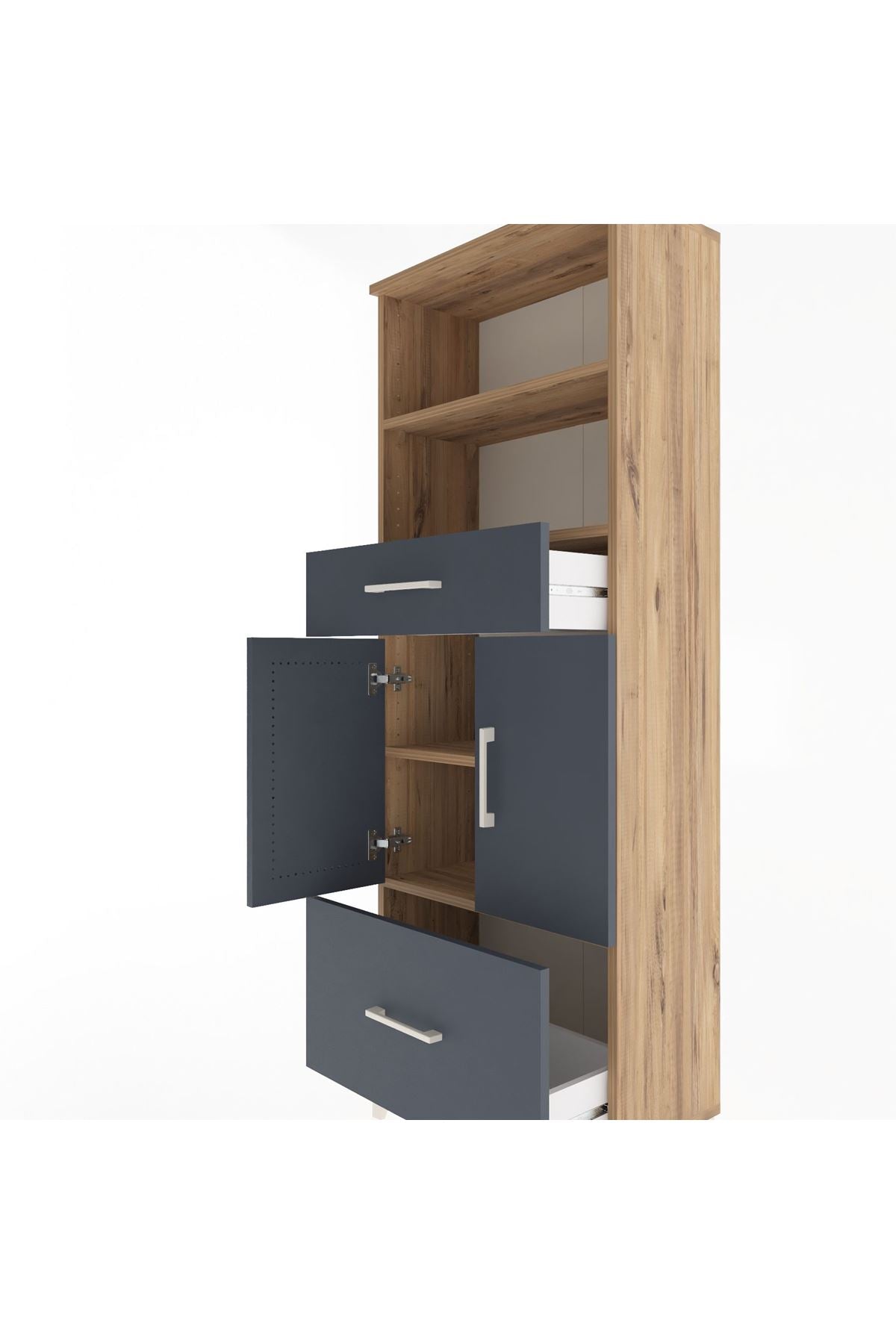 Arges Dolap 4 Raflı 2 Çekmeceli 2 Kapaklı 60x30x163 Çam-Antrasit