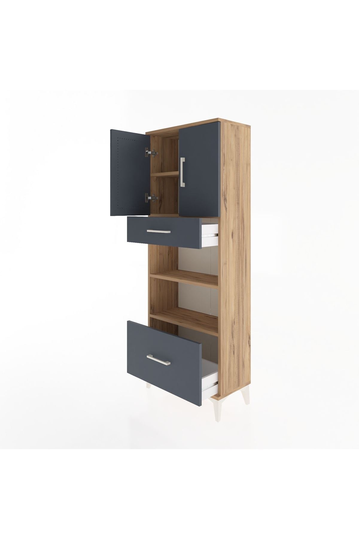 Arges Dolap 4 Raflı 2 Çekmeceli 2 Kapaklı 60x30x163 Çam-Antrasit