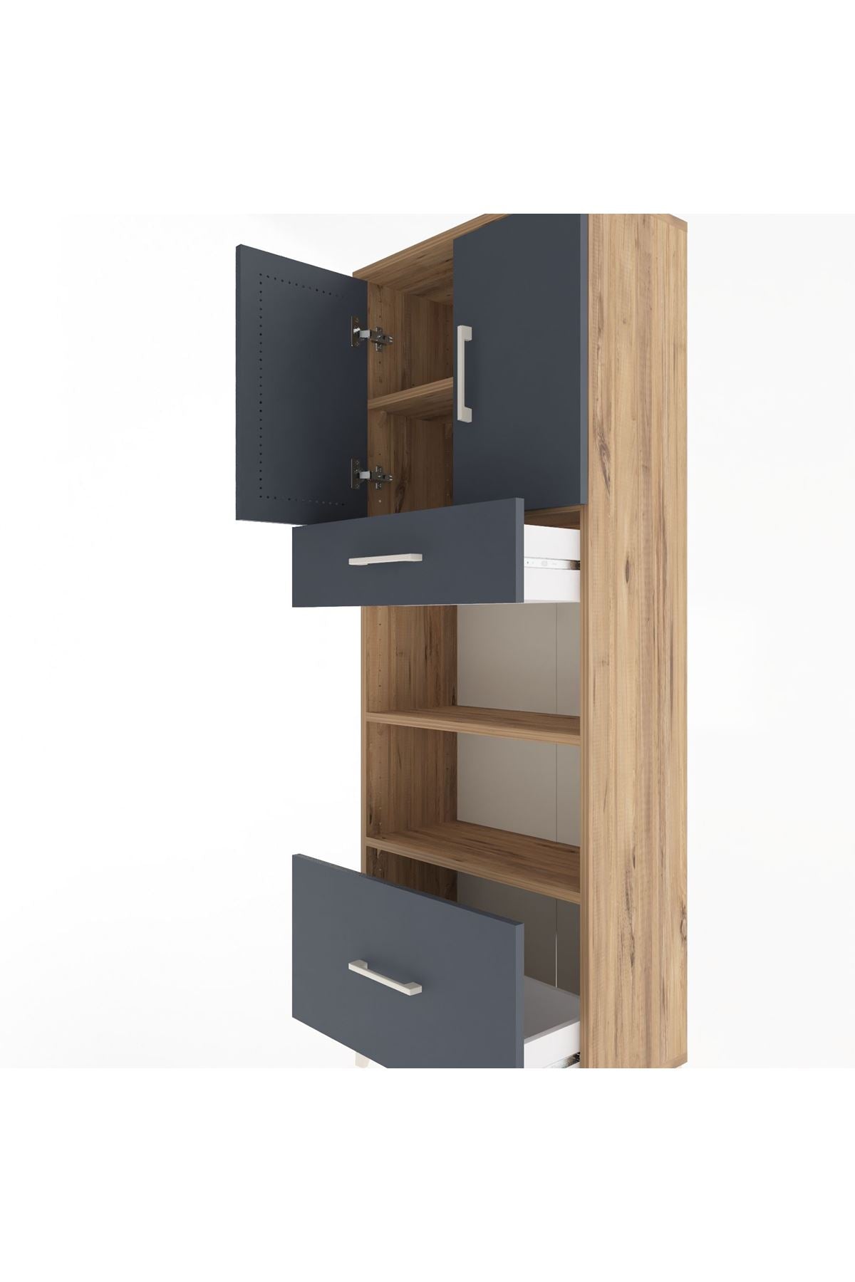 Arges Dolap 4 Raflı 2 Çekmeceli 2 Kapaklı 60x30x163 Çam-Antrasit