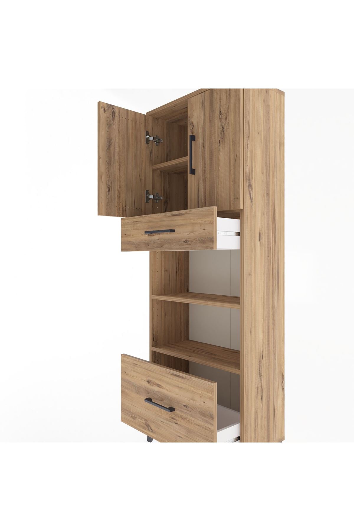 Arges Dolap 4 Raflı 2 Çekmeceli 2 Kapaklı 60x30x163 Çam-Çam