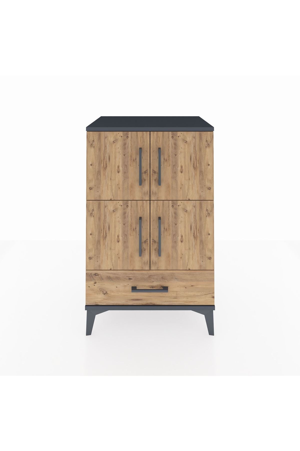 Hyperion Komodin 4 Raflı Tek Çekmeceli 4 Kapaklı 60x44x96 Antrasit-Çam