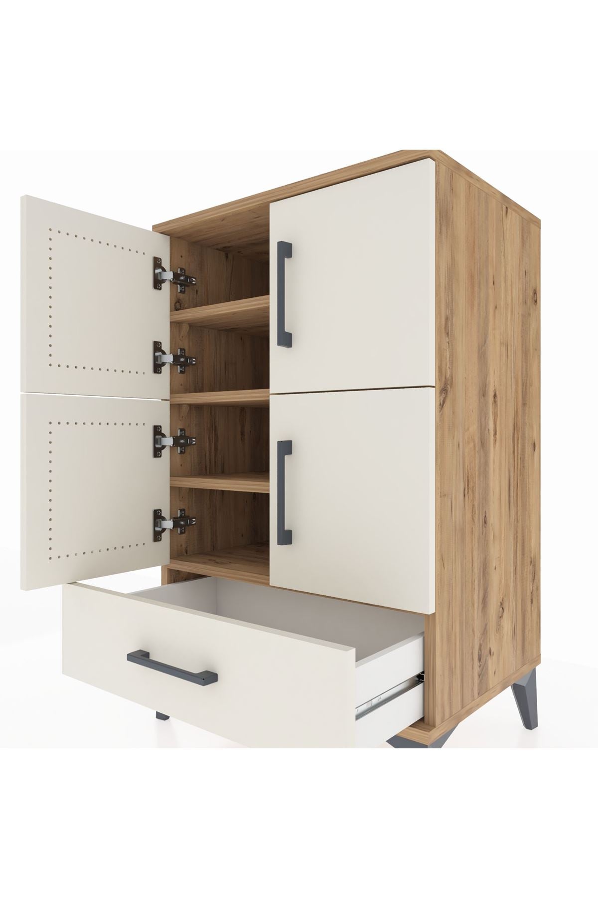 Hyperion Komodin 4 Raflı Tek Çekmeceli 4 Kapaklı 60x44x96 Çam-Aytaşı