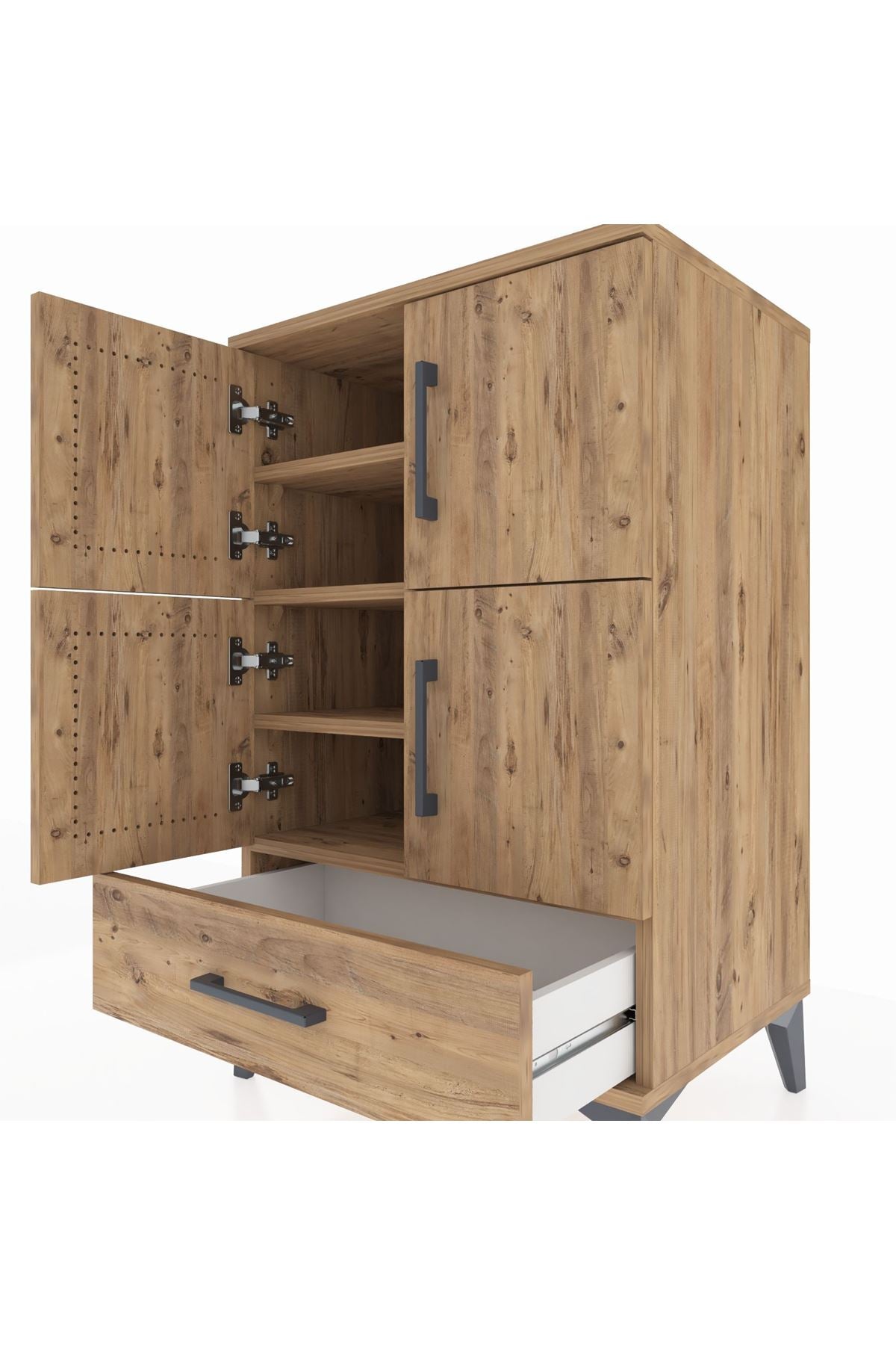 Hyperion Komodin 4 Raflı Tek Çekmeceli 4 Kapaklı 60x44x96 Çam-Çam