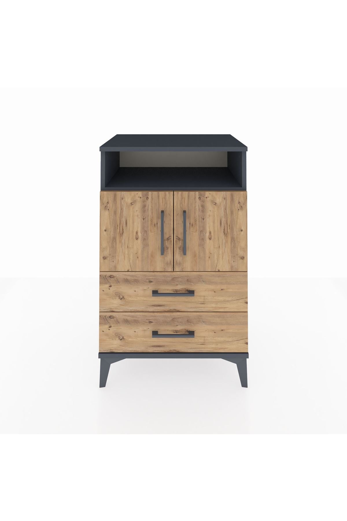 Hyperion Komodin 2 Raflı 2 Çekmeceli 2 Kapaklı 60x44x96 Antrasit-Çam