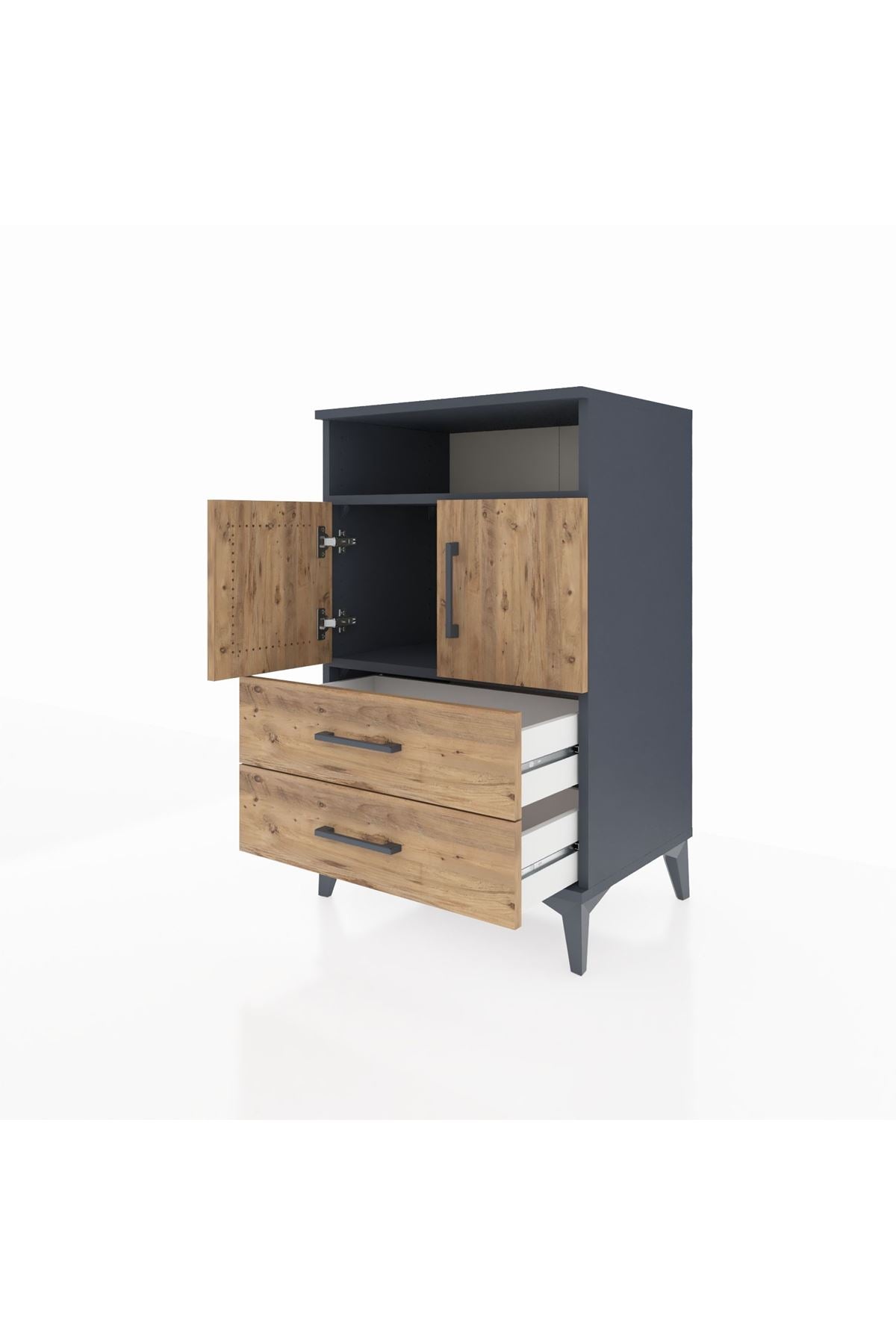 Hyperion Komodin 2 Raflı 2 Çekmeceli 2 Kapaklı 60x44x96 Antrasit-Çam