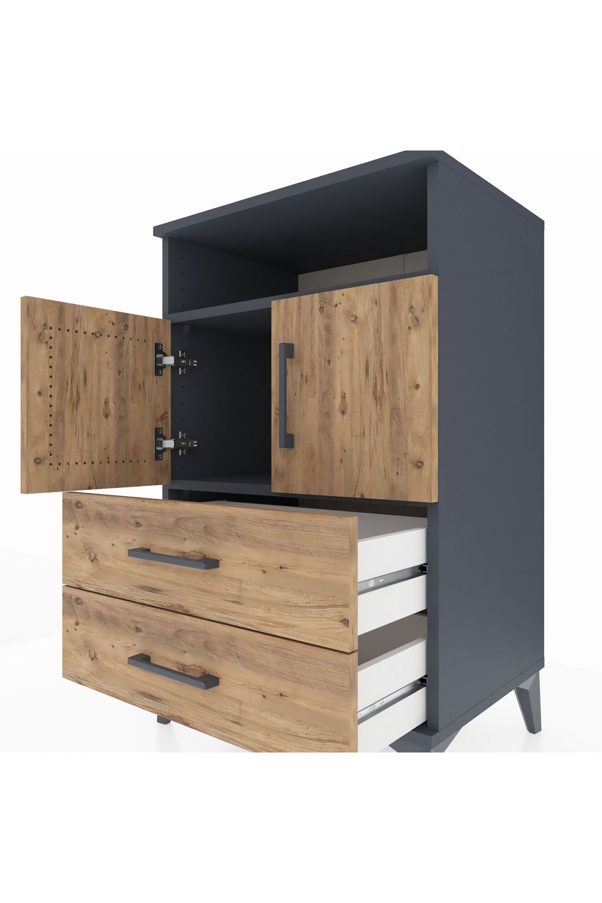 Hyperion Komodin 2 Raflı 2 Çekmeceli 2 Kapaklı 60x44x96 Antrasit-Çam