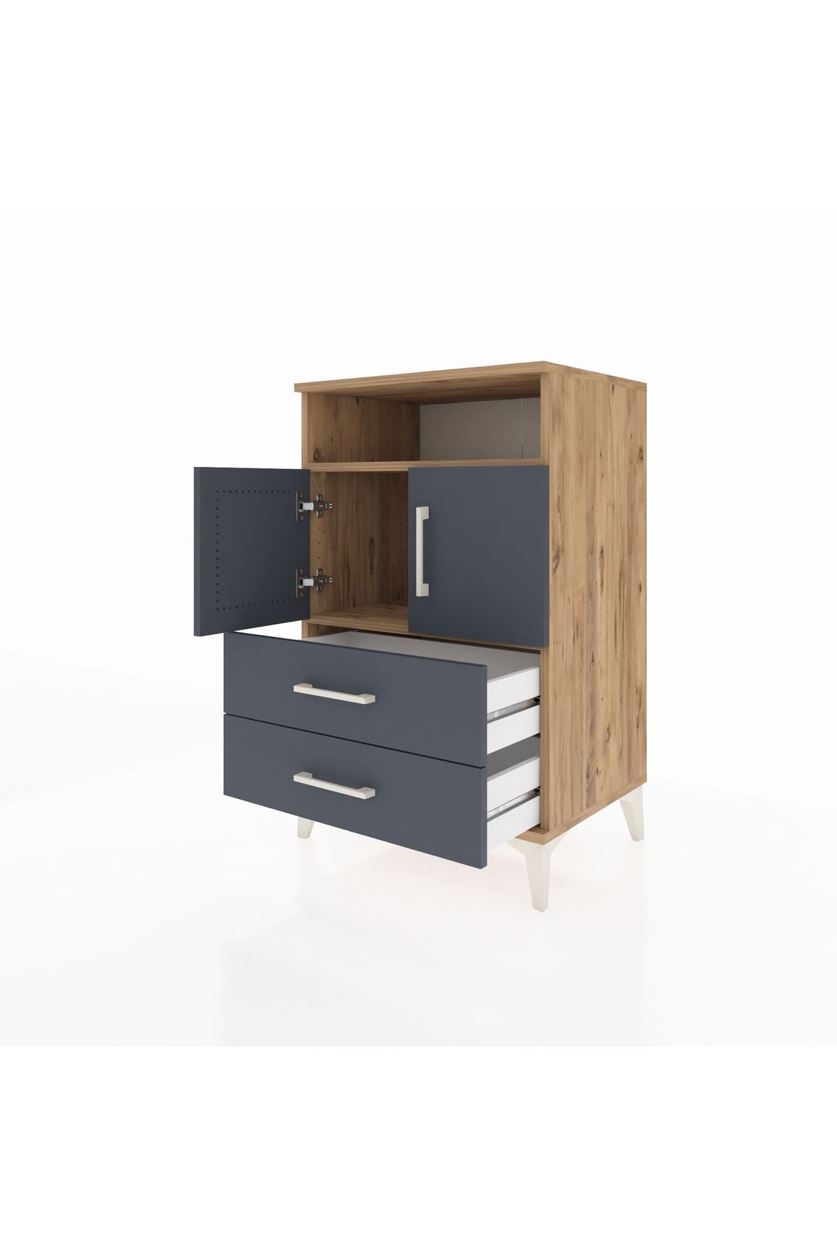 Hyperion Komodin 2 Raflı 2 Çekmeceli 2 Kapaklı 60x44x96 Çam-Antrasit