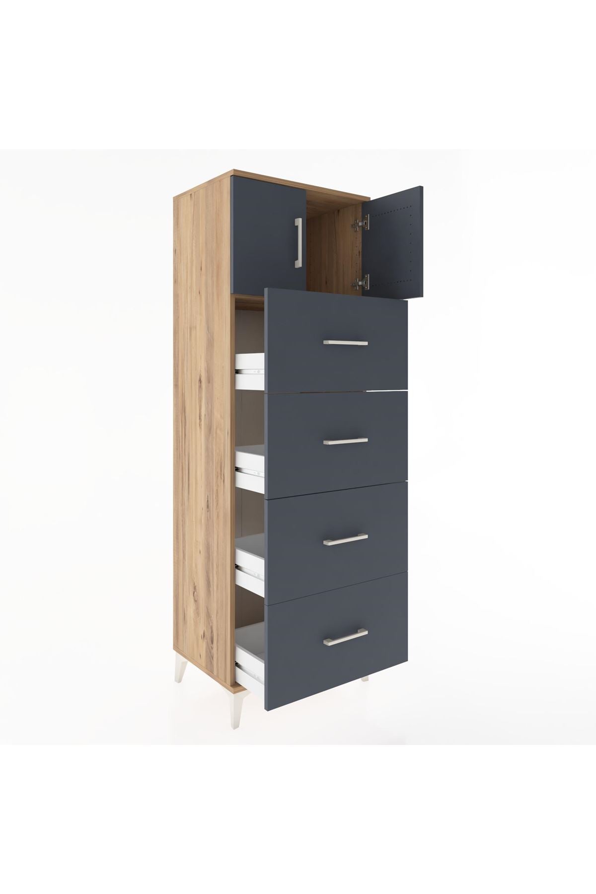Hyperion Dolap Tek Raflı 4 Çekmeceli 2 Kapaklı 60x44x182 Çam-Antrasit