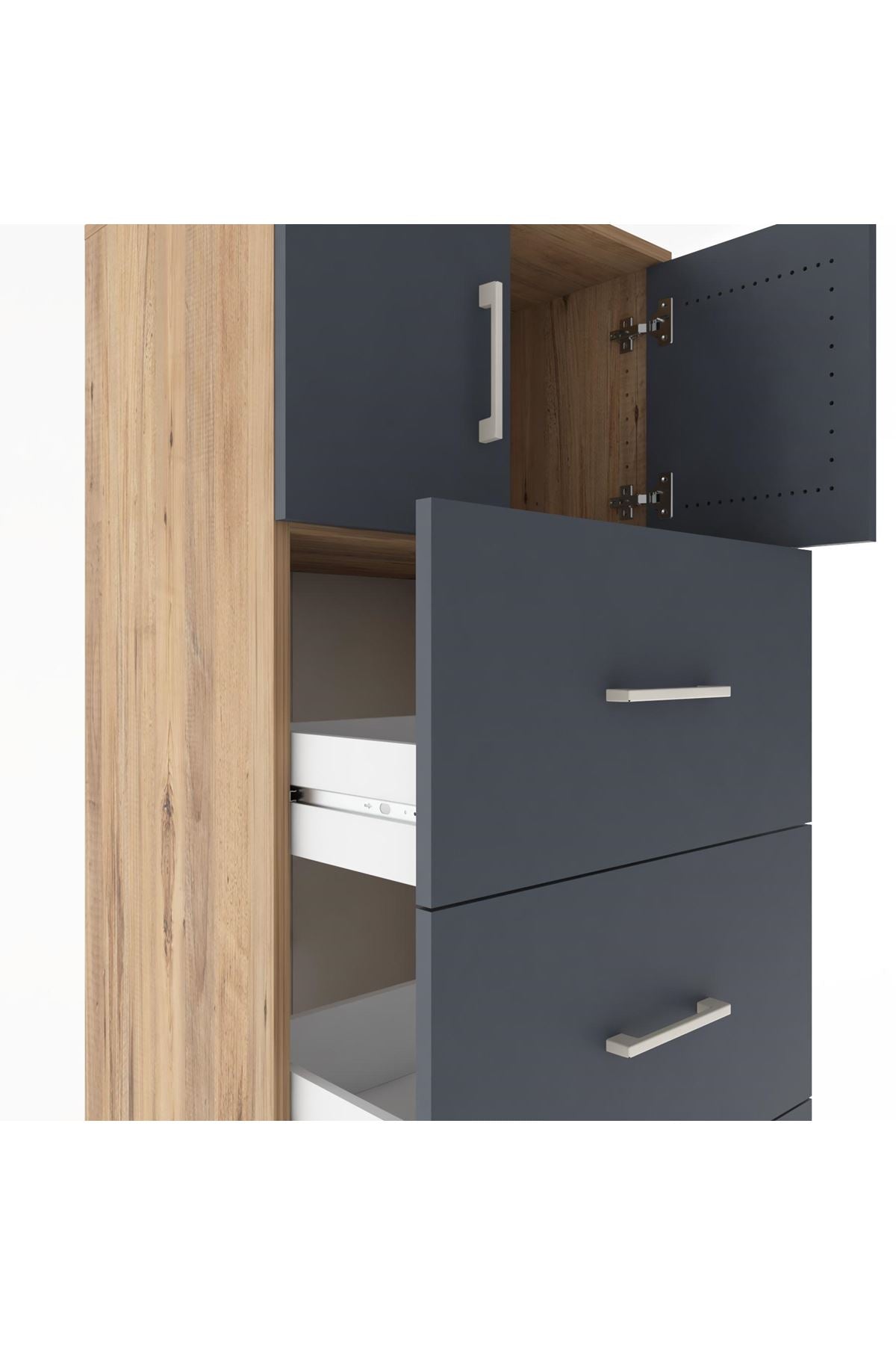 Hyperion Dolap Tek Raflı 4 Çekmeceli 2 Kapaklı 60x44x182 Çam-Antrasit