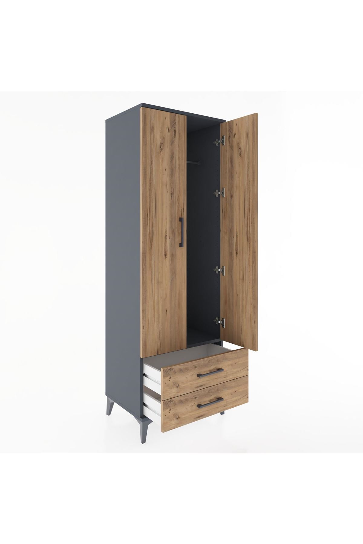 Hyperion Dolap Tek Raflı 2 Çekmeceli Tek Askılı 60x44x182 Antrasit-Çam