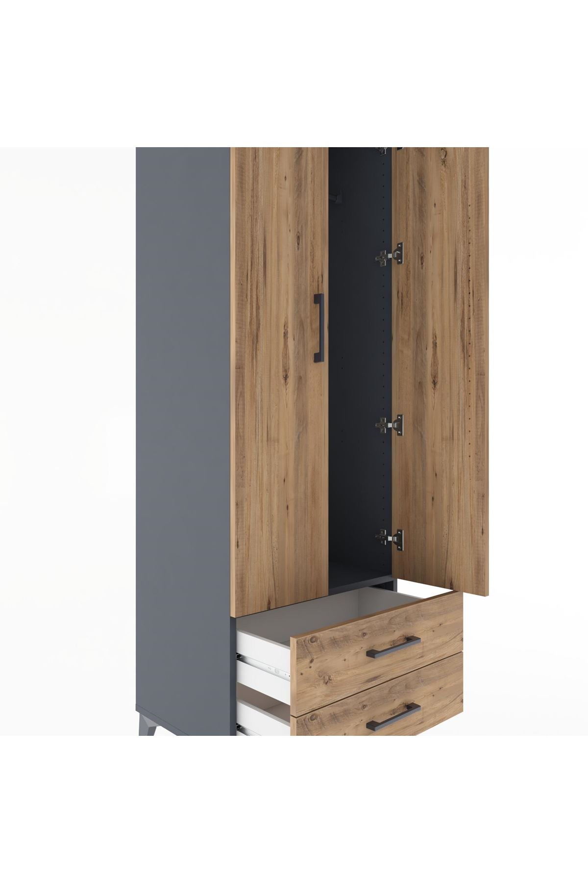 Hyperion Dolap Tek Raflı 2 Çekmeceli Tek Askılı 60x44x182 Antrasit-Çam