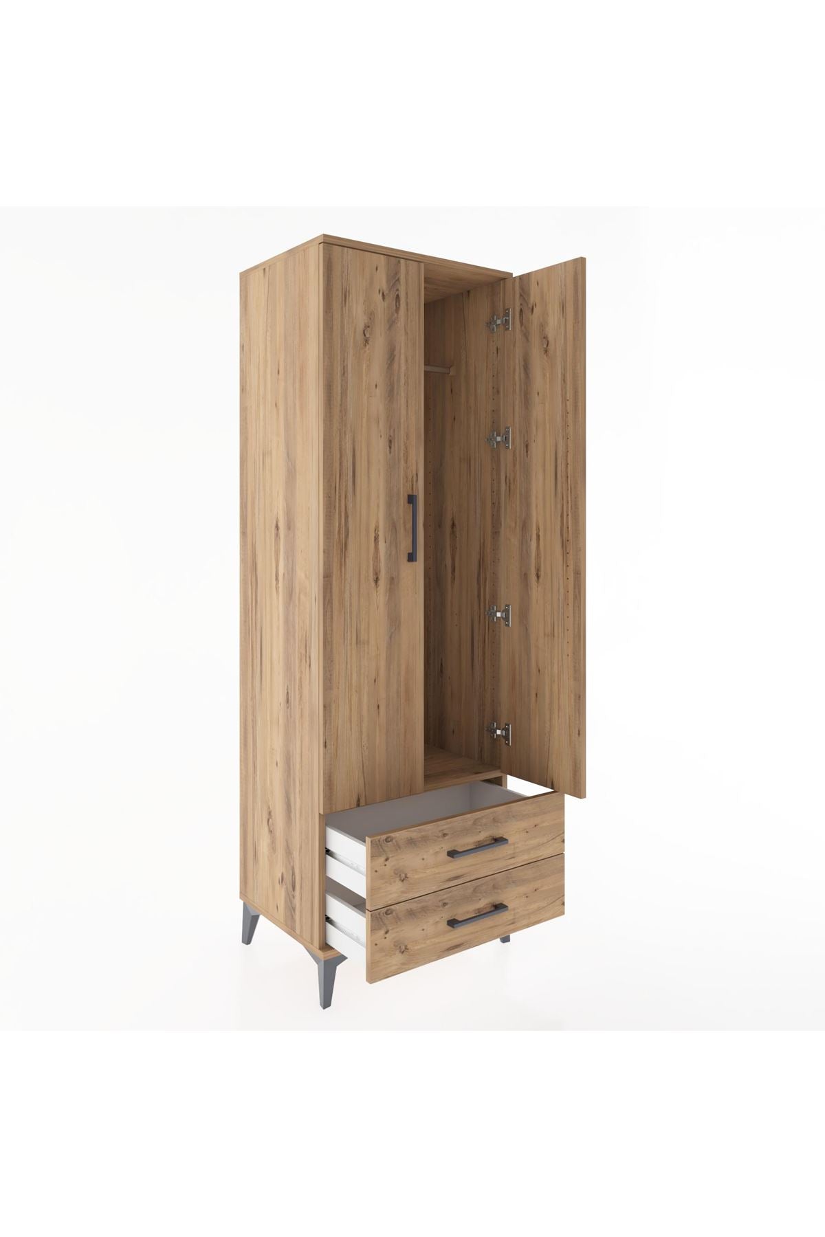 Hyperion Dolap Tek Raflı 2 Çekmeceli Tek Askılı 60x44x182 Çam-Çam