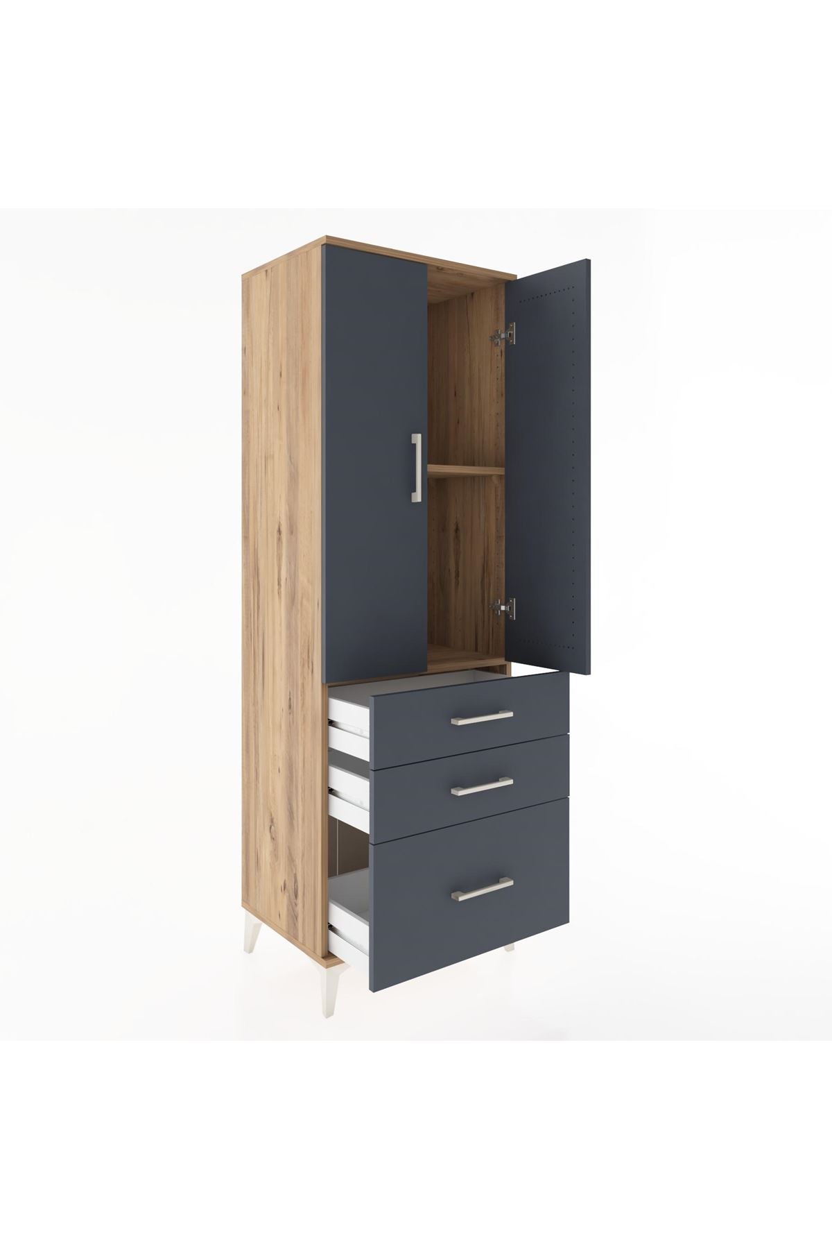 Hyperion Dolap 2 Raflı 3 Çekmeceli 2 Kapaklı 60x44x182 Çam-Antrasit