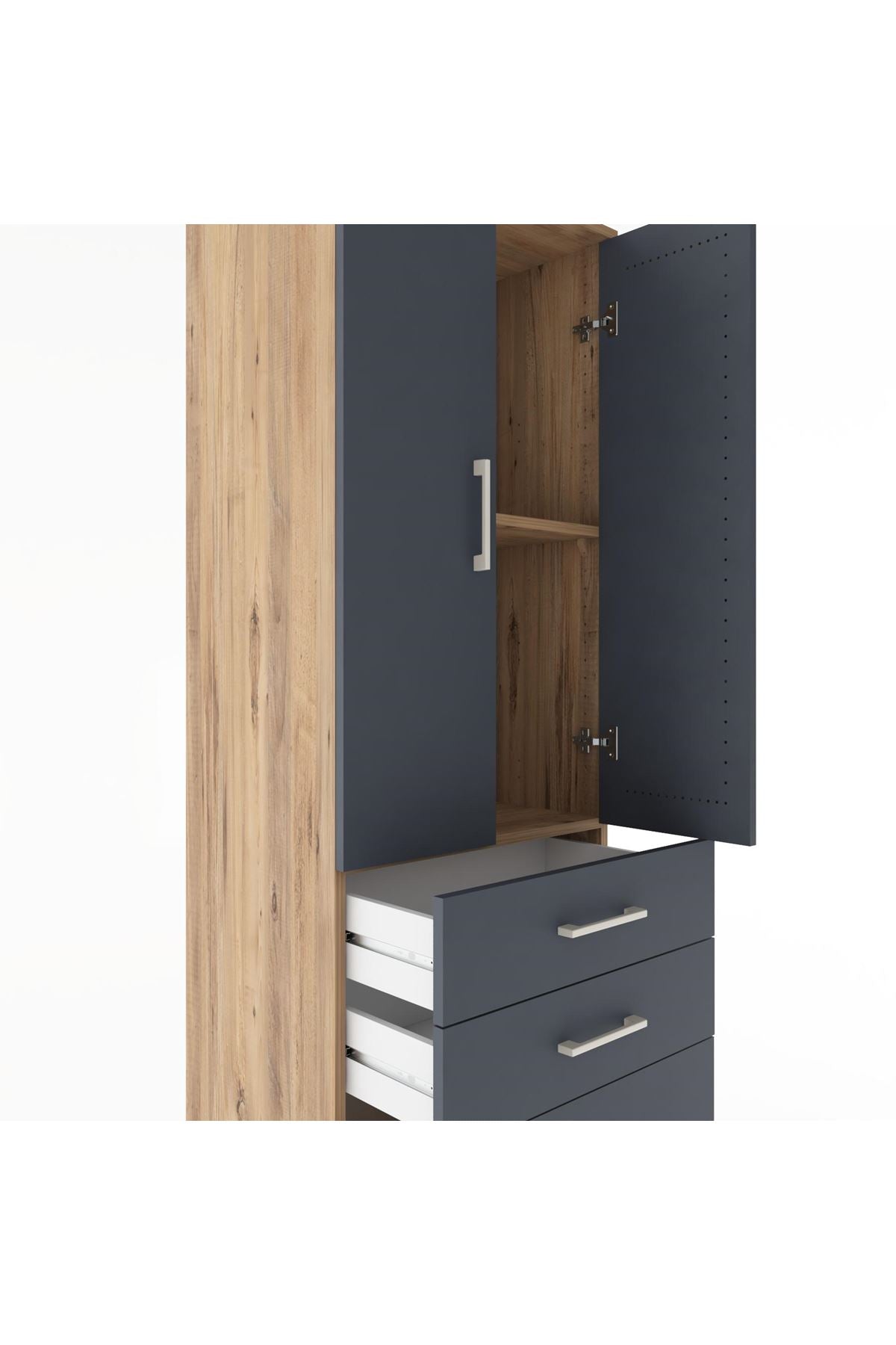 Hyperion Dolap 2 Raflı 3 Çekmeceli 2 Kapaklı 60x44x182 Çam-Antrasit