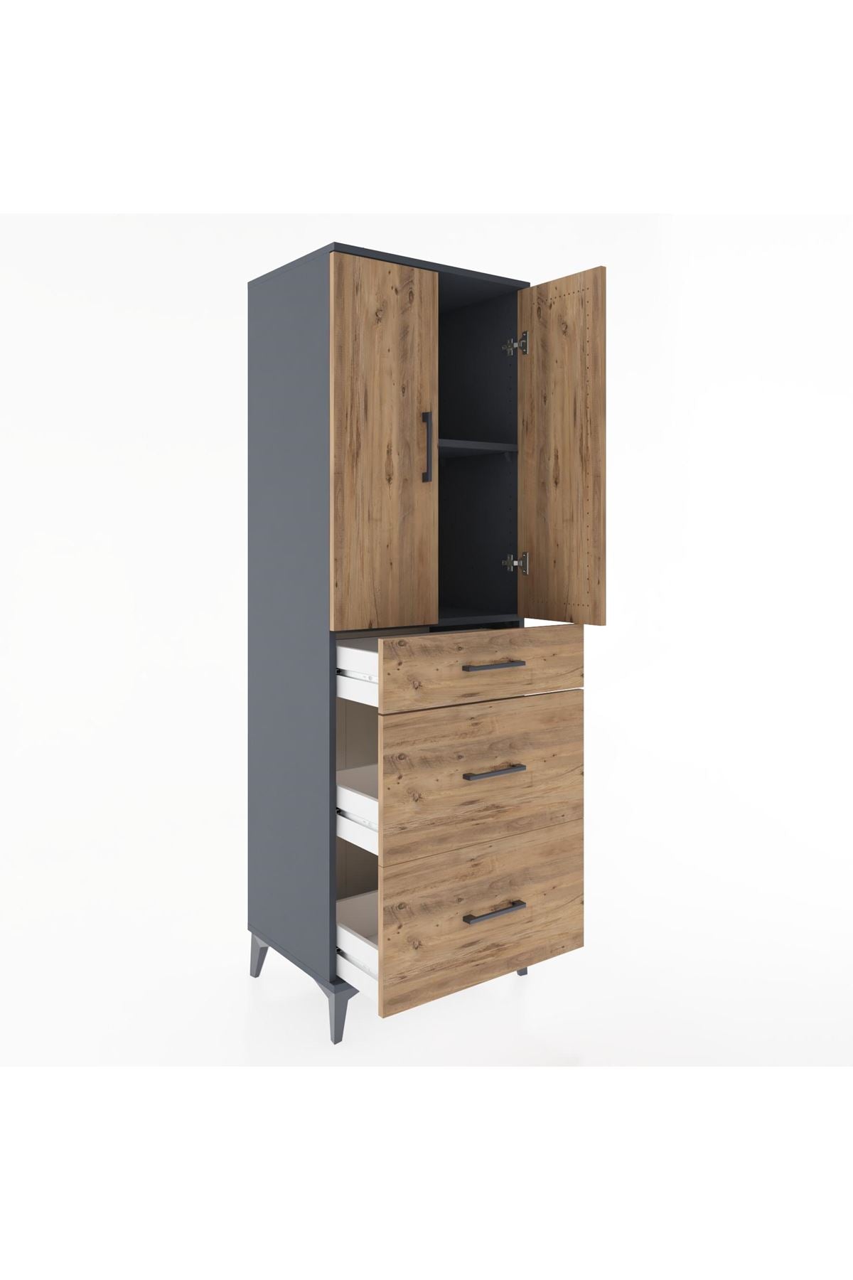 Hyperion Dolap 2 Raflı 3 Çekmeceli 2 Kapaklı 60x44x182 Antrasit-Çam