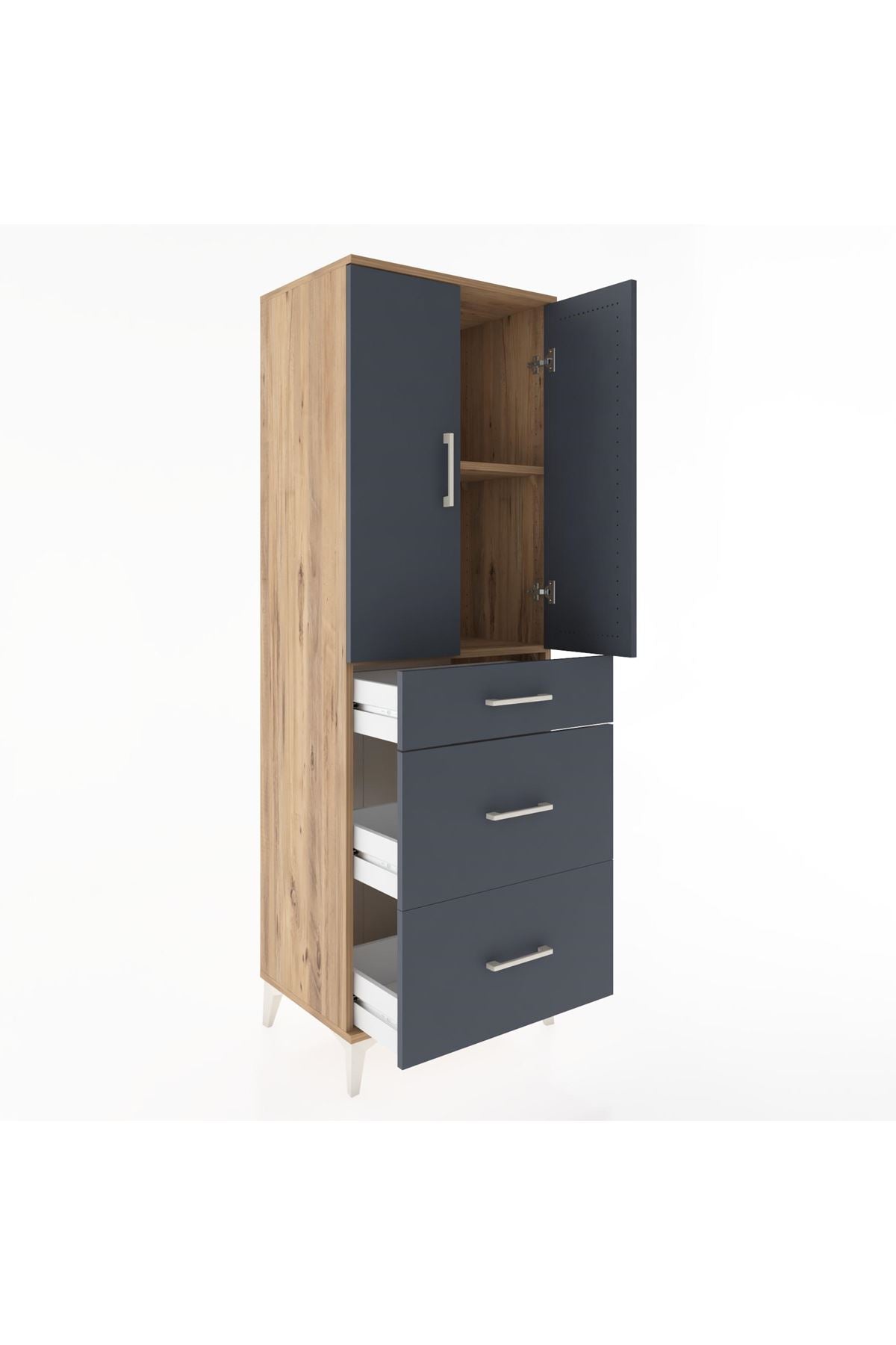 Hyperion Dolap 2 Raflı 3 Çekmeceli 2 Kapaklı 60x44x182 Çam-Antrasit