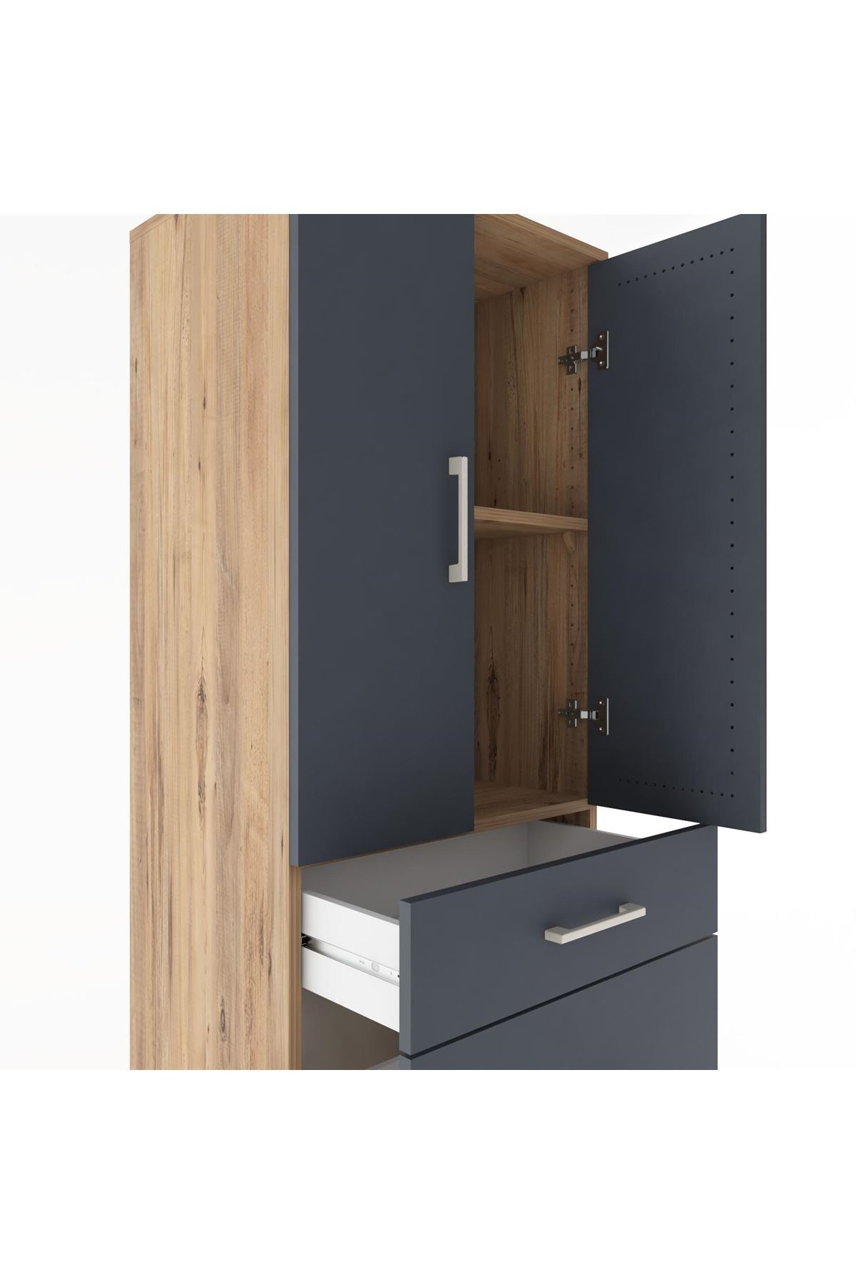 Hyperion Dolap 2 Raflı 3 Çekmeceli 2 Kapaklı 60x44x182 Çam-Antrasit