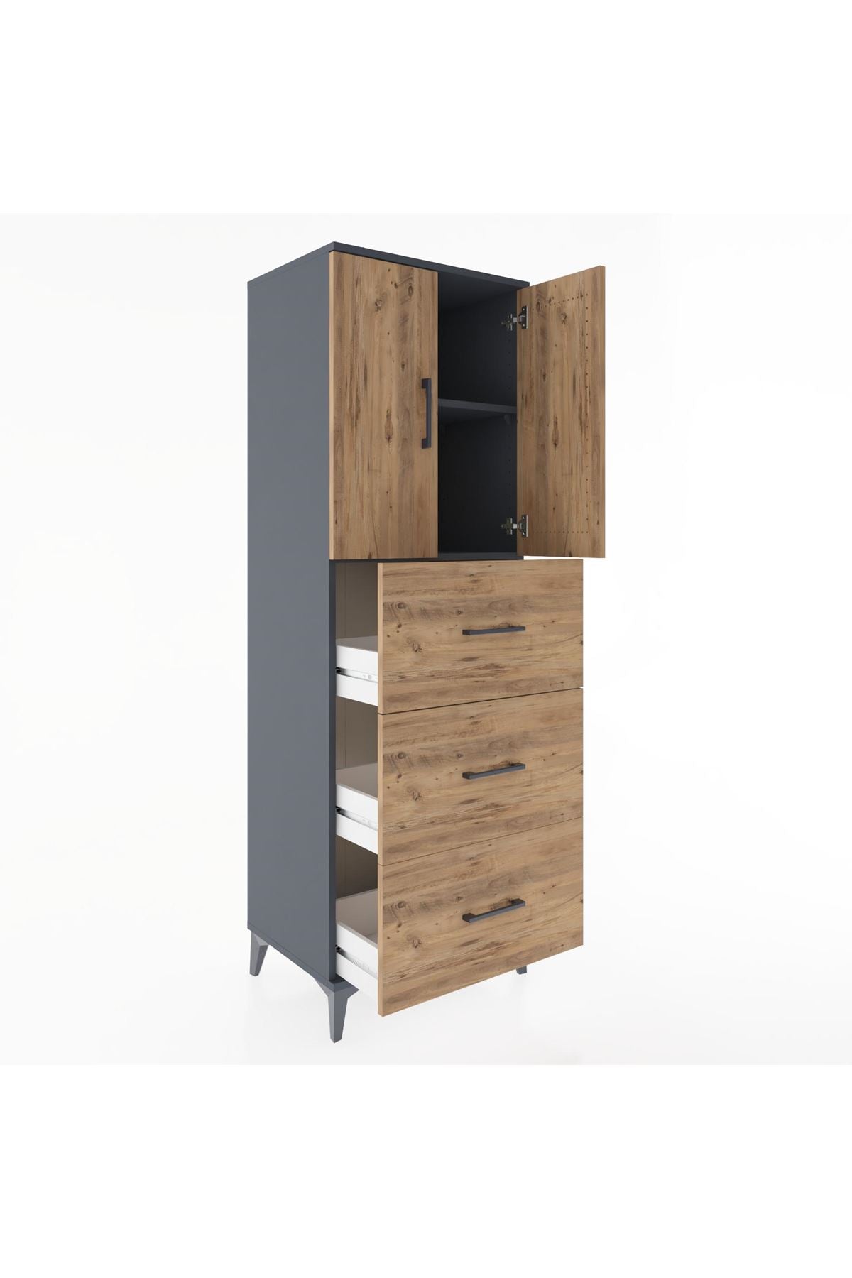 Hyperion Dolap 2 Raflı 3 Çekmeceli 2 Kapaklı 60x44x182 Antrasit-Çam