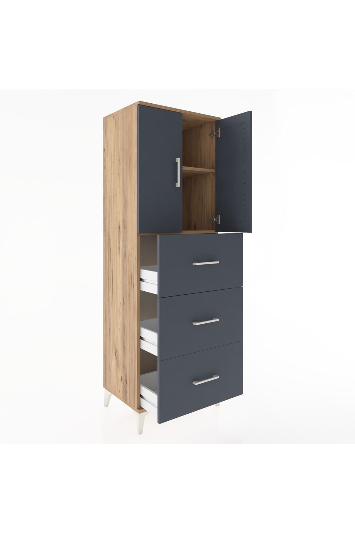 Hyperion Dolap 2 Raflı 3 Çekmeceli 2 Kapaklı 60x44x182 Çam-Antrasit