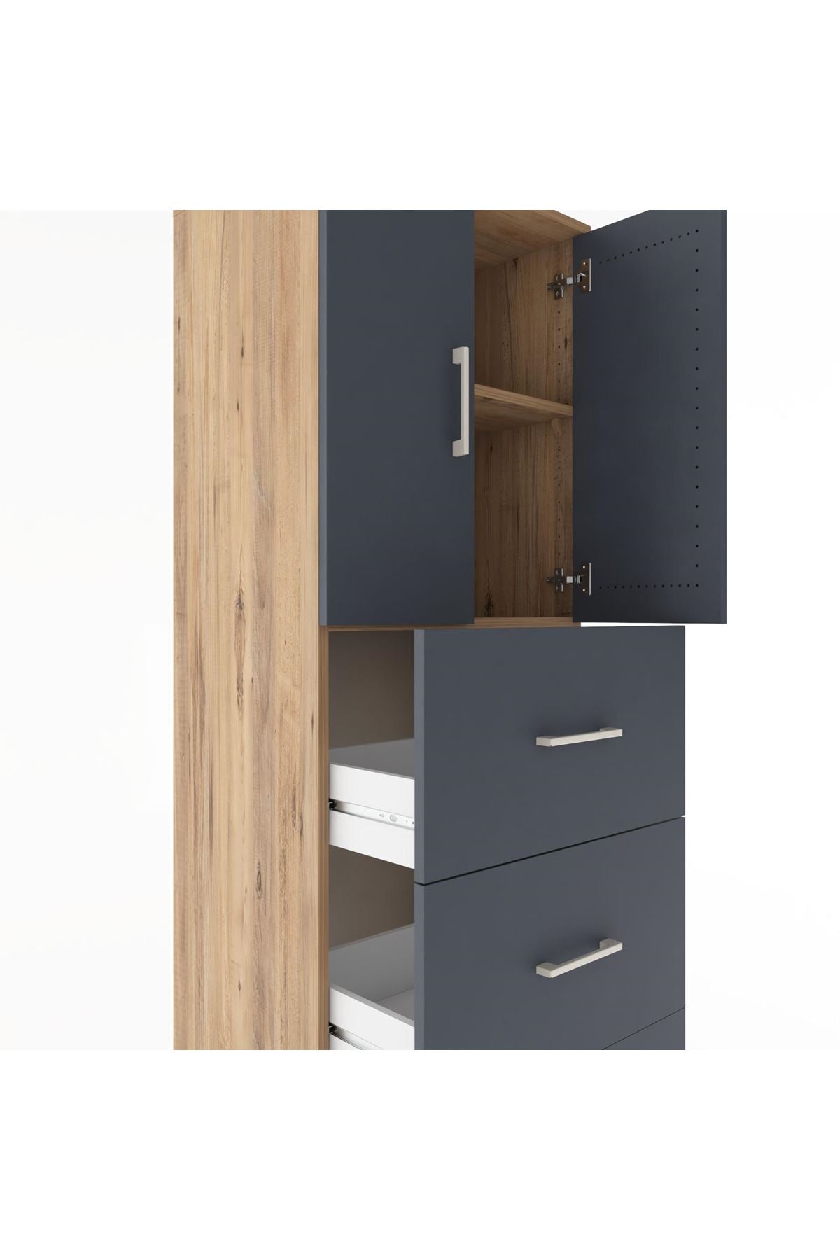 Hyperion Dolap 2 Raflı 3 Çekmeceli 2 Kapaklı 60x44x182 Çam-Antrasit