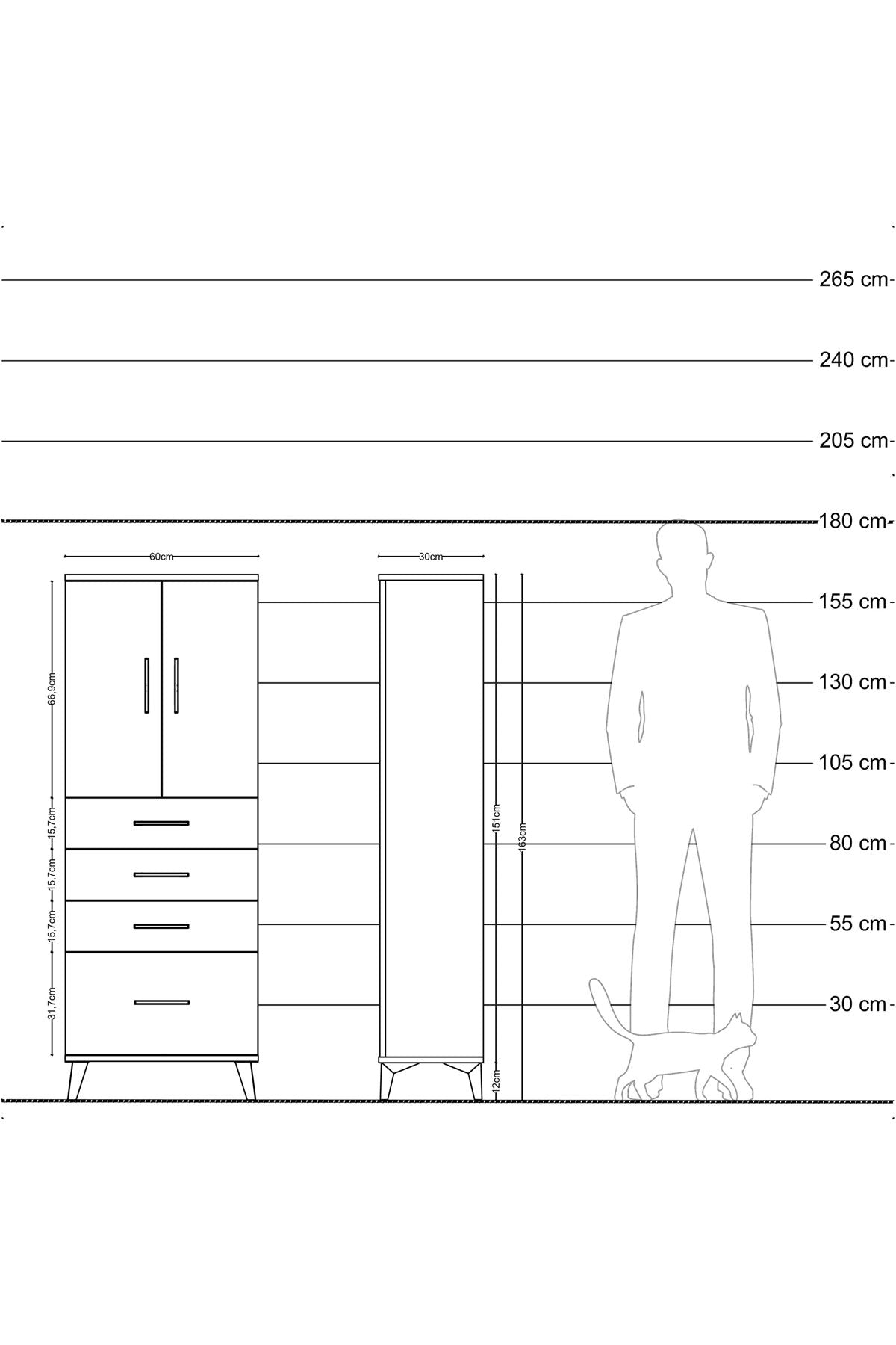 Arges Dolap 2 Raflı 4 Çekmeceli 2 Kapaklı 60x30x163 Antrasit-Çam