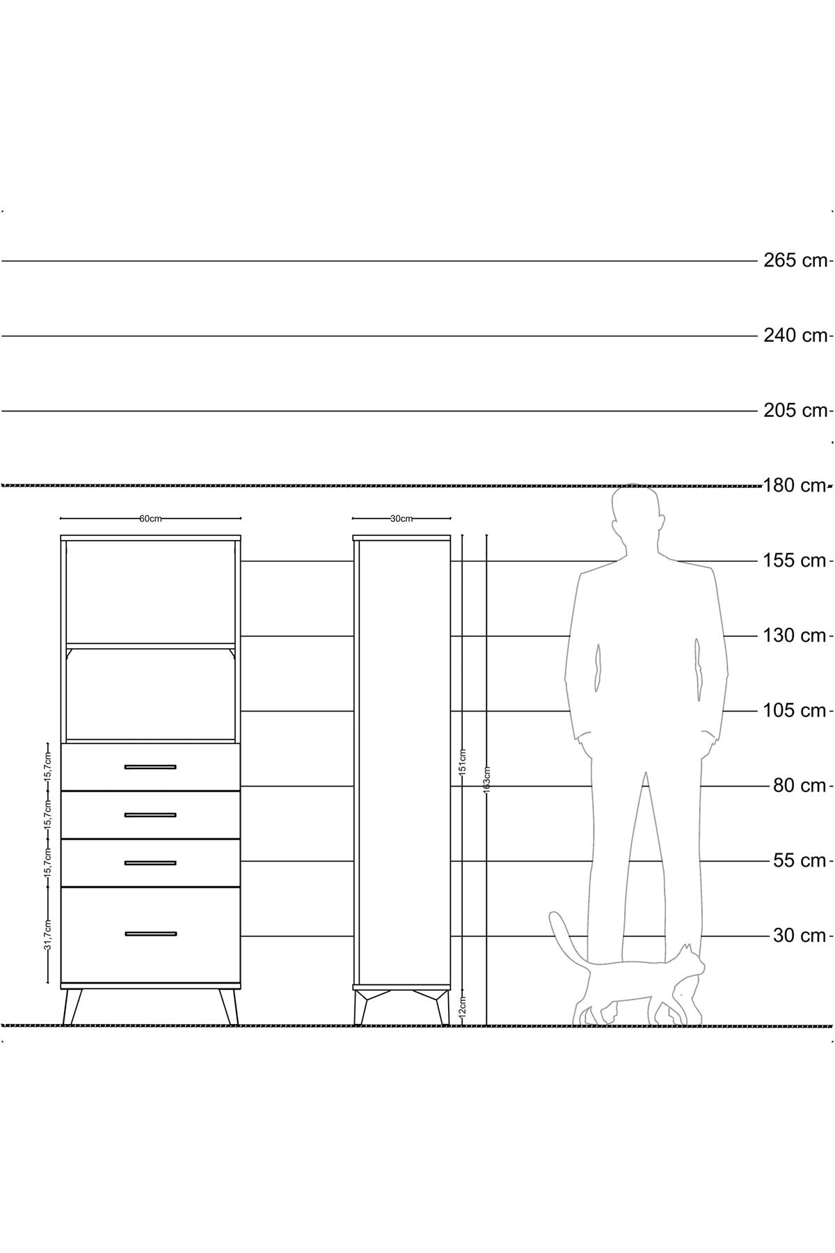 Arges Dolap 2 Raflı 4 Çekmeceli 60x30x163 Çam-Çam